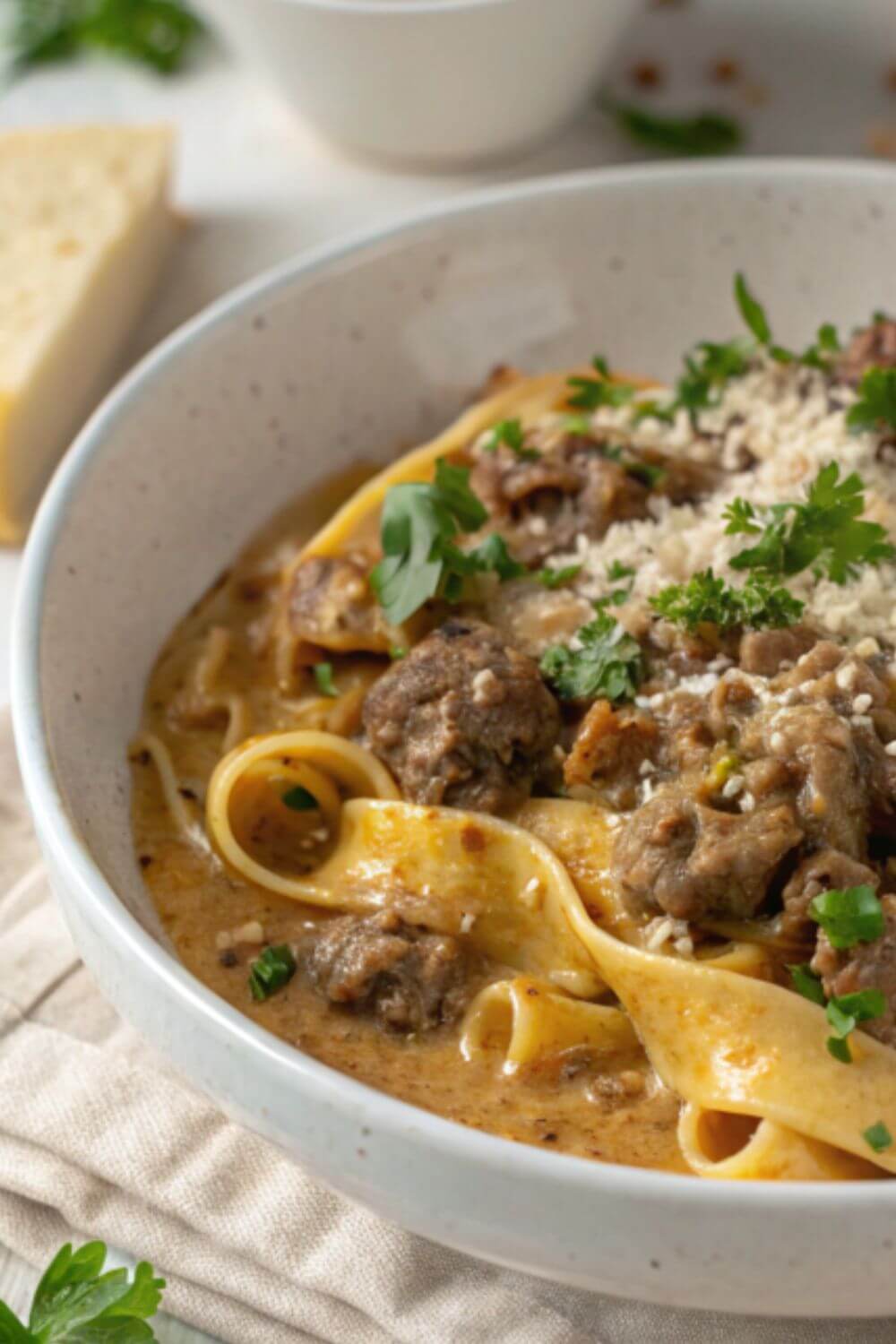 Ground beef stroganoff in a bowl.