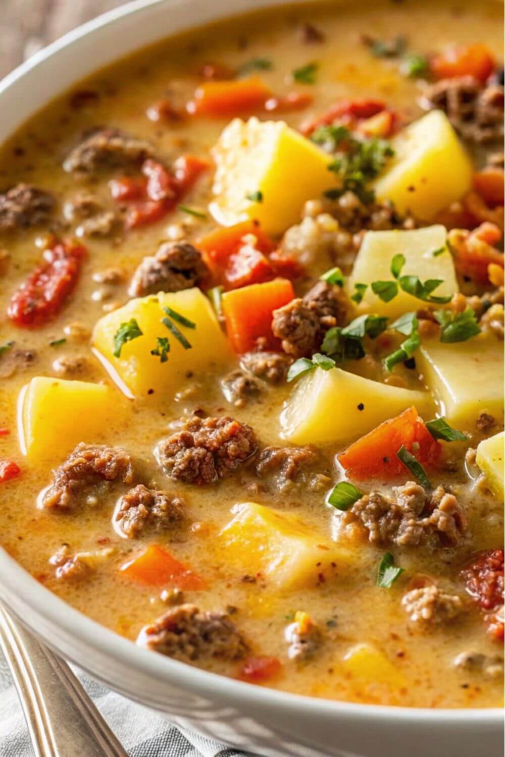 A bowl of cheeseburger soup with ground beef and potatoes with vegetables.