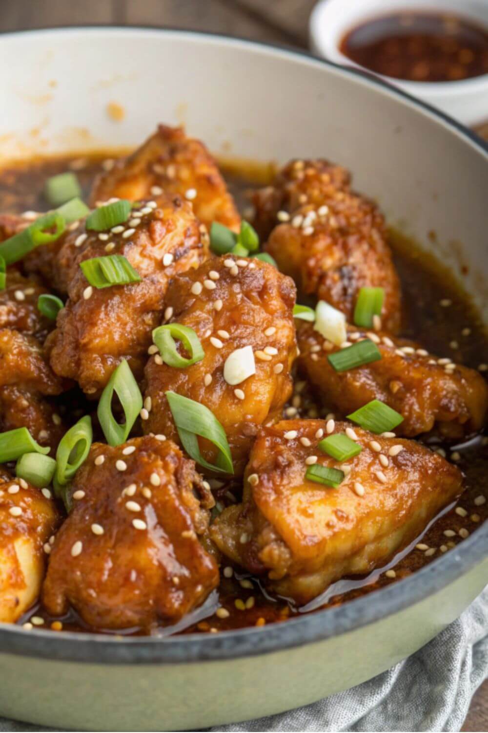 Cooked chicken in a honey sauce in a pan with sesame seeds and spring onion.