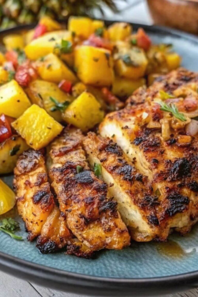 Lemon Ginger Chicken with Fried Pineapple & Mango Salsa