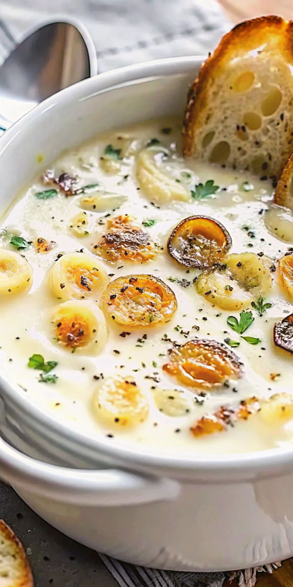 Garlic soup in a bowl with bread.