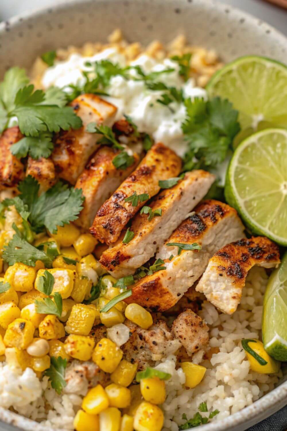 Cooked chicken in a bowl with sweet corn and rice.