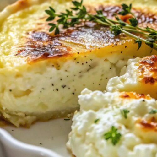 Baked cottage cheese eggs in a dish.