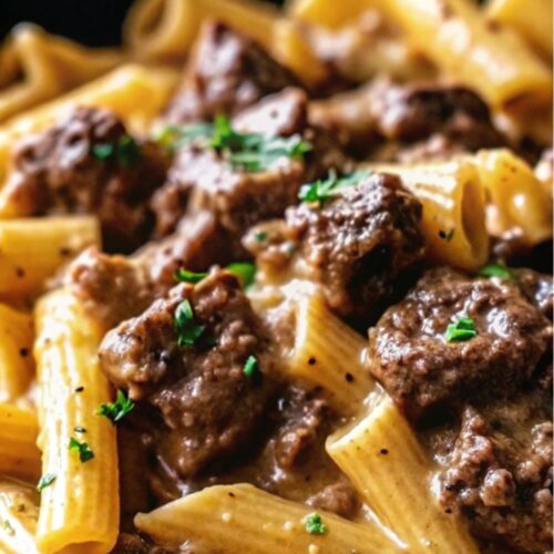 Beef and pasta in a pasta sauce.