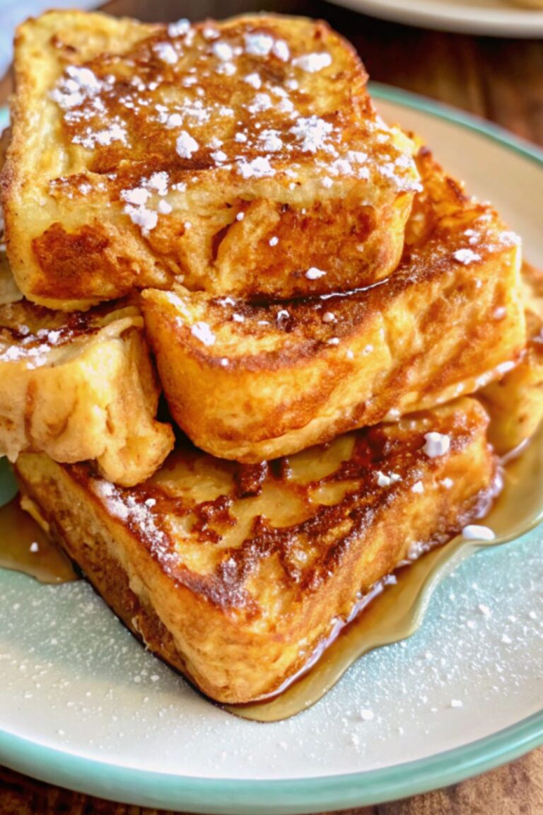 A plate of french toast with syrup and icing sugar.