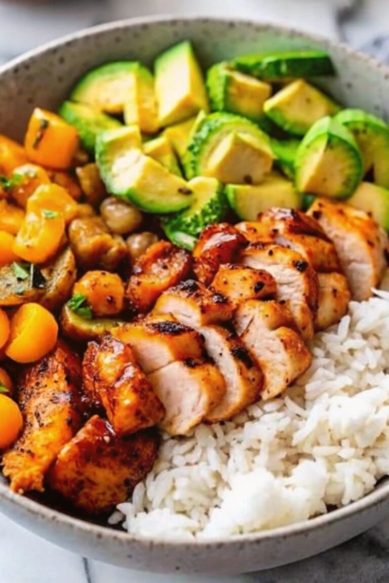 Sliced cooked chicken in a bowl with rice and vegetables.