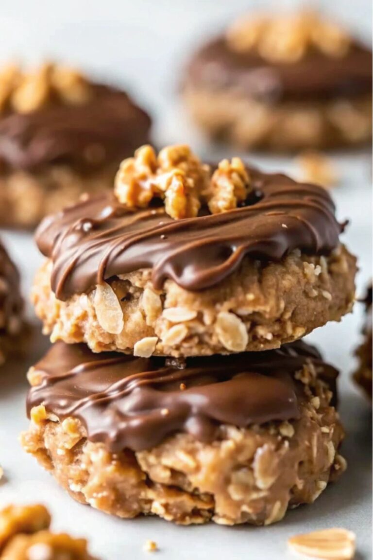 Two cookies stacked with melted chocolate and nuts.