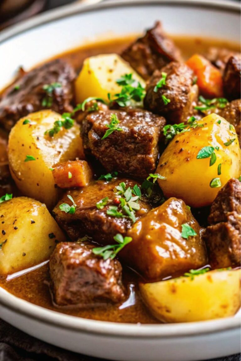 Beef bites and potatoes in a bowl.