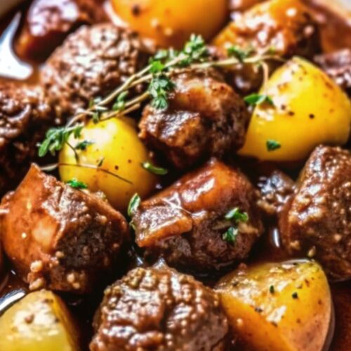 Beef bites and potatoes in a slow cooker.