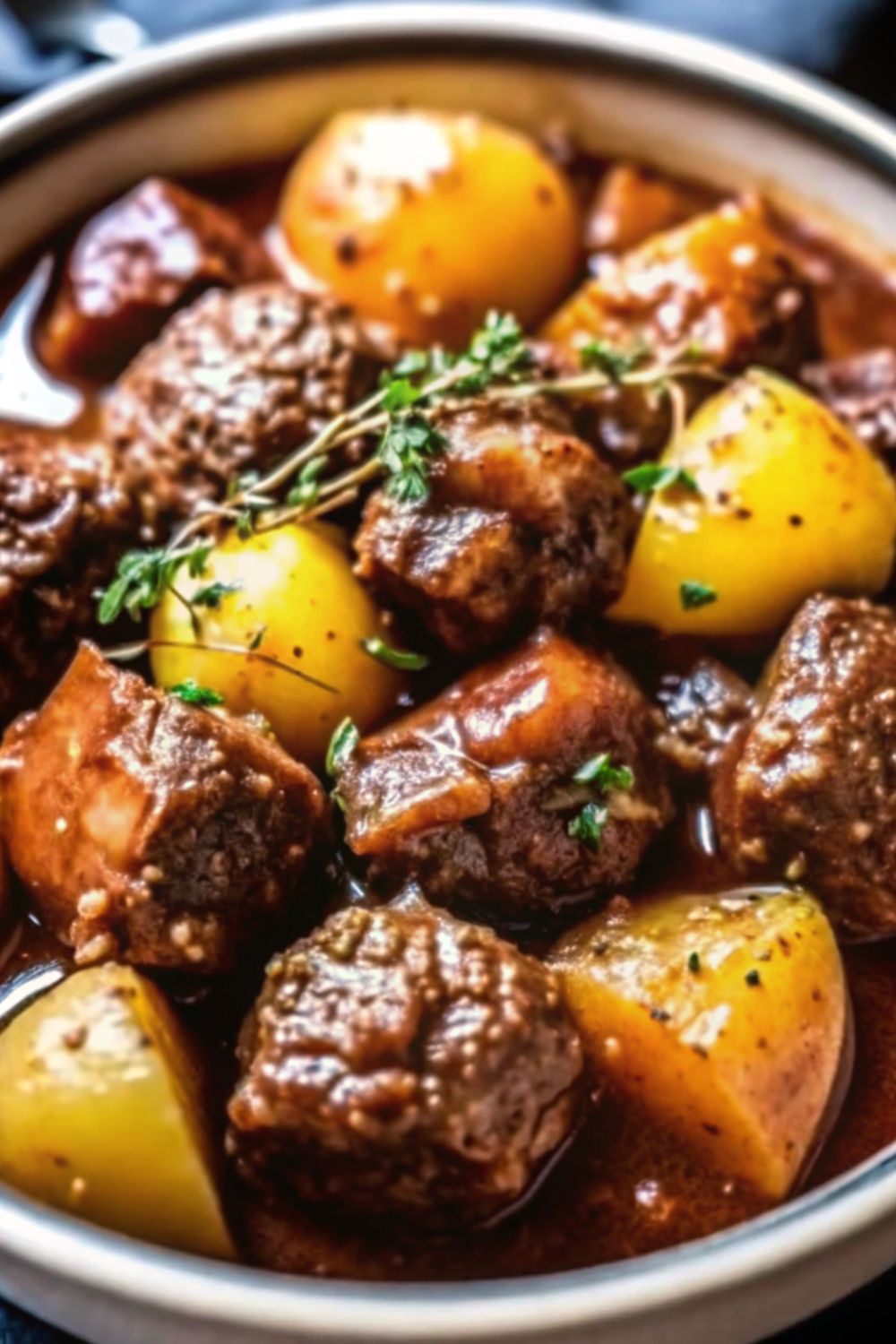 Beef bites and potatoes in a slow cooker.