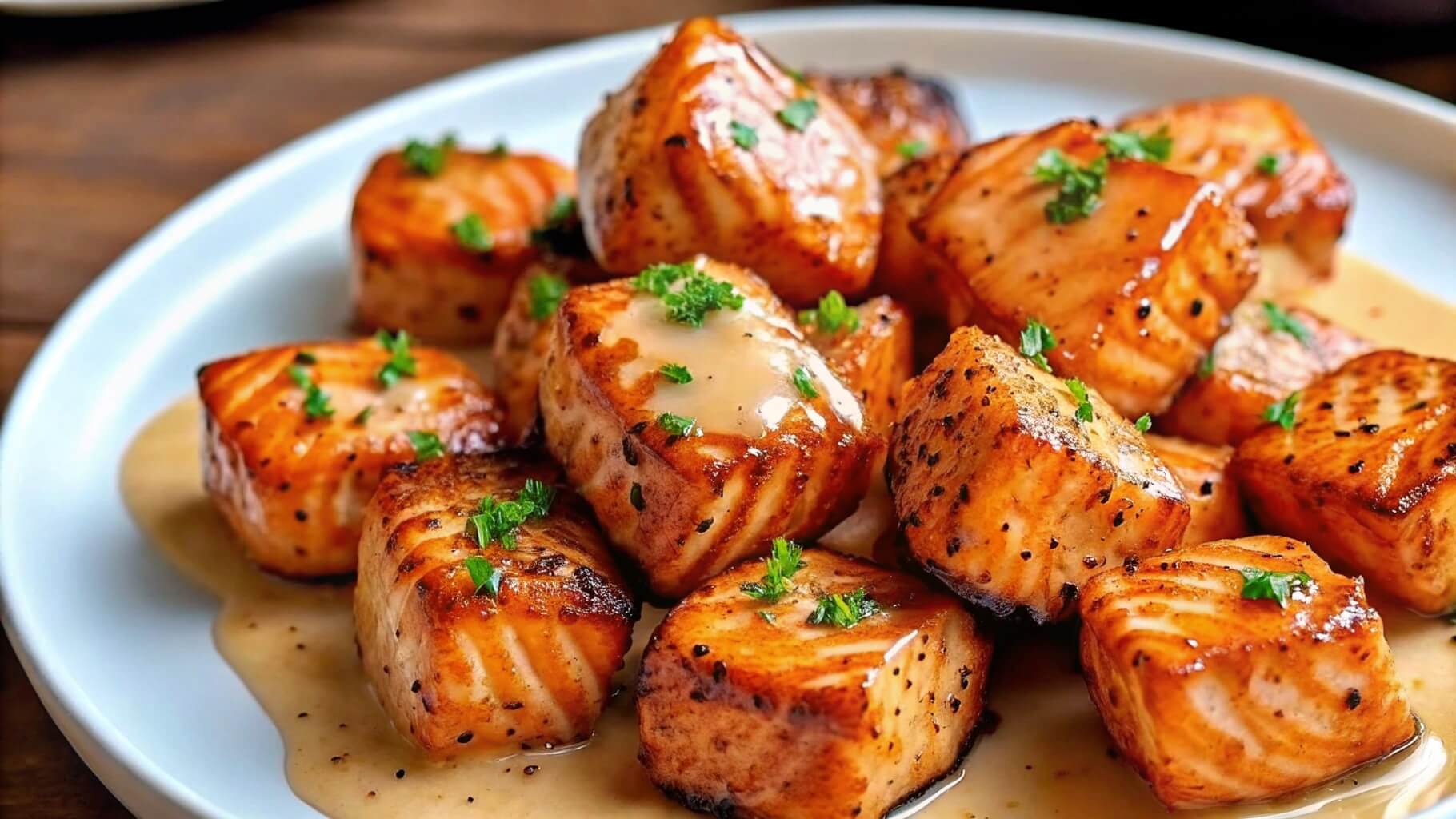 A plate of crispy salmon bites with bang bang sauce.