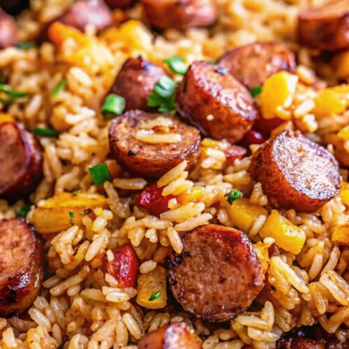 Cajun sausage and rice in a frying pan.