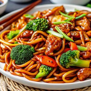 Chicken teriyaki noodles on a plate with chopsticks.