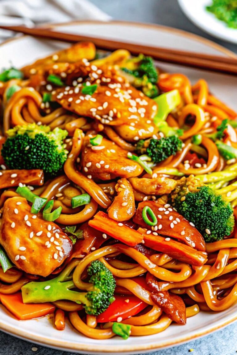 Chicken teriyaki noodles on a plate with chopsticks.