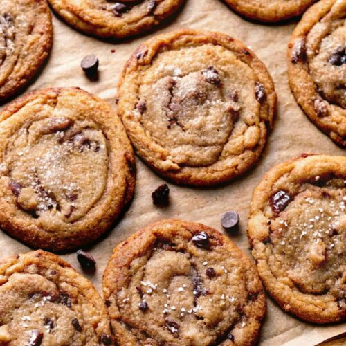 Espresso chocolate chip cookies on a tray.