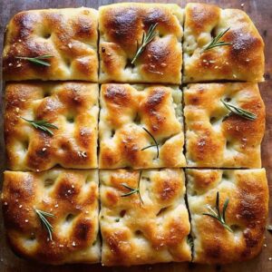 Focaccia bread sliced into squares.