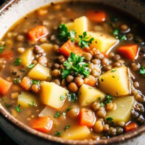 Lentil and potato soup in a ceramic bowl.