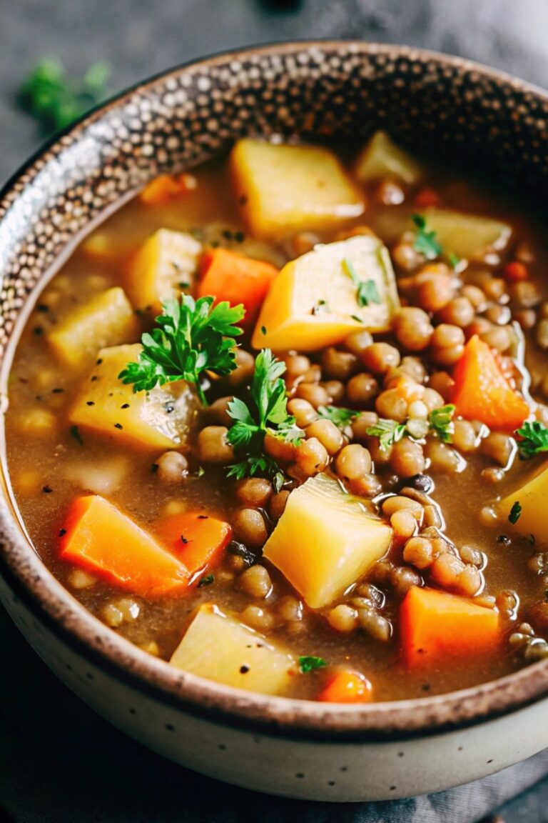 Lentil and potato soup in a ceramic bowl.