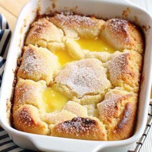 Magic lemon cobbler dessert in a dish.