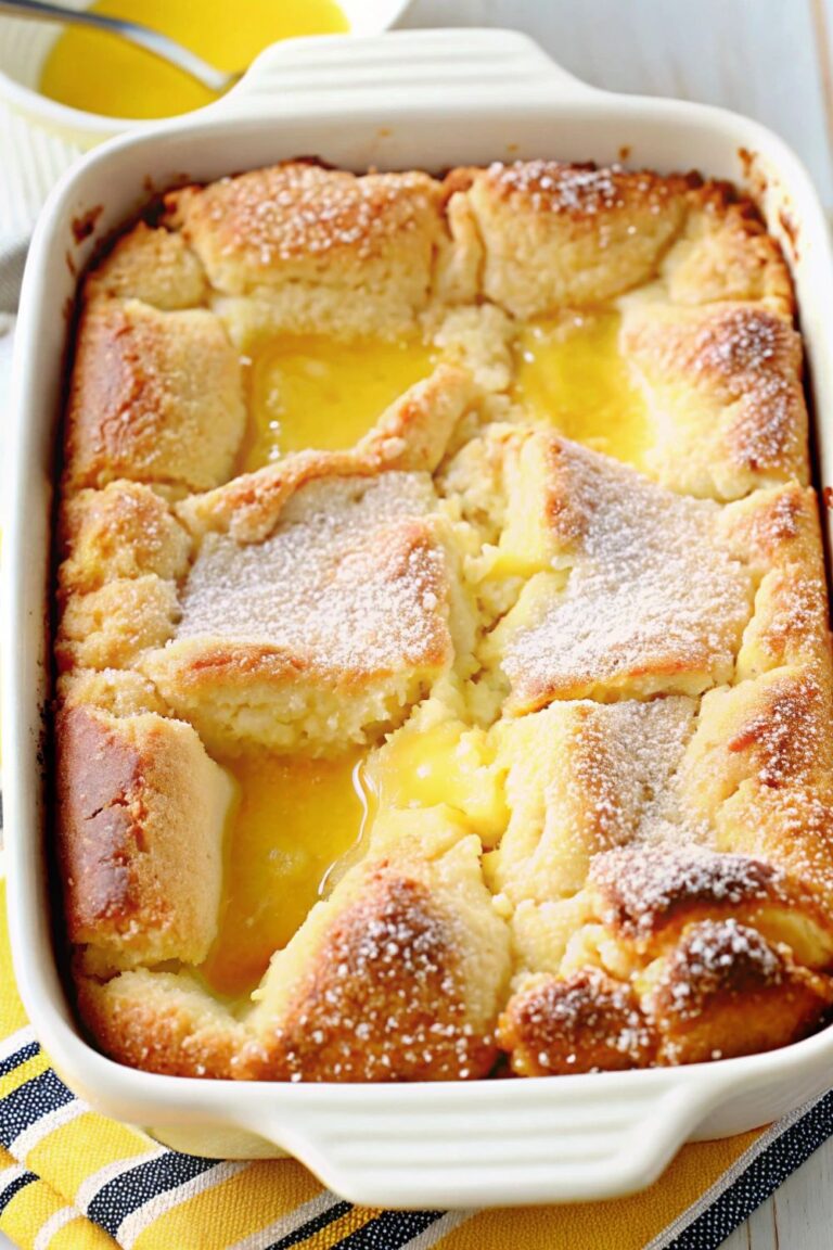 Magic lemon cobbler dessert in a dish.