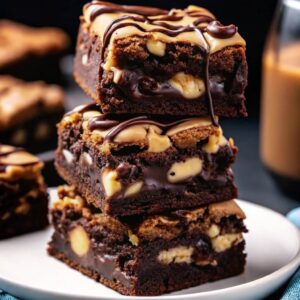 Stacked peanut butter brownies.