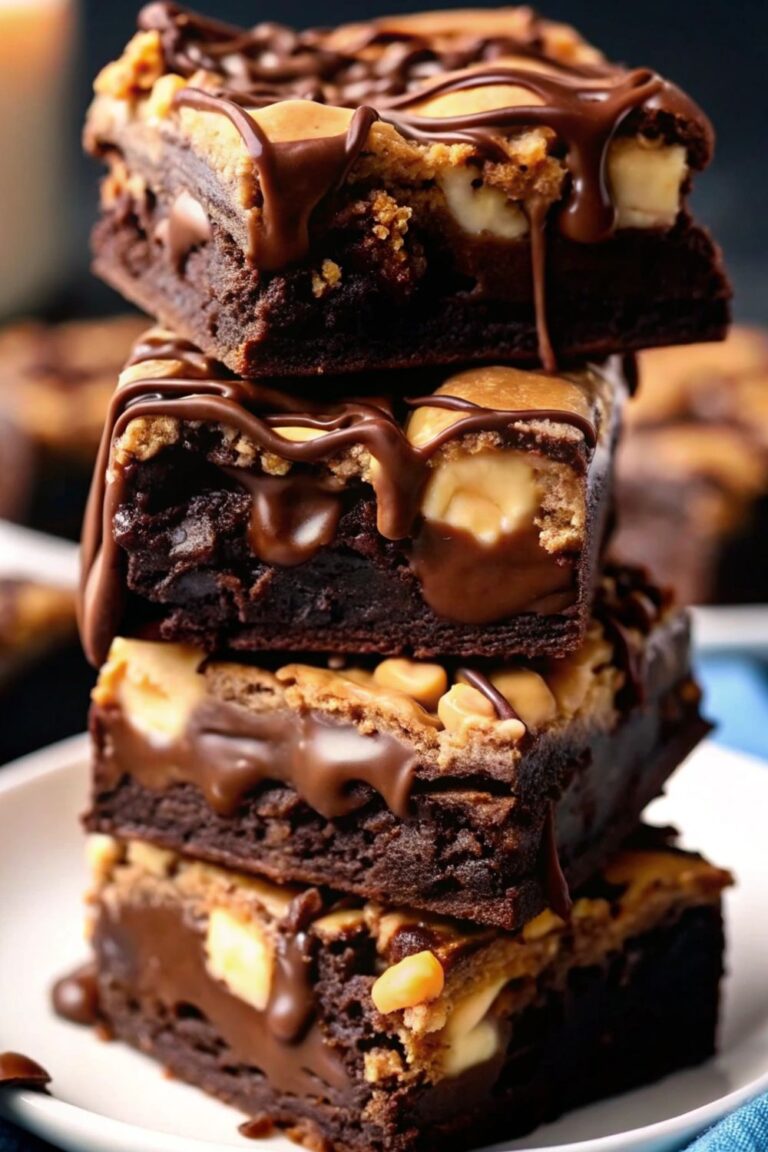 Stacked peanut butter brownies.