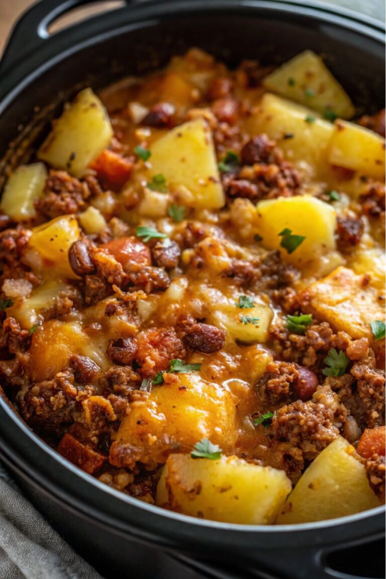 Slow cooker casserole with ground beef and vegetables.