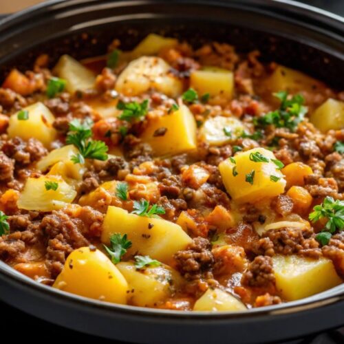 Slow cooker casserole with ground beef and vegetables.