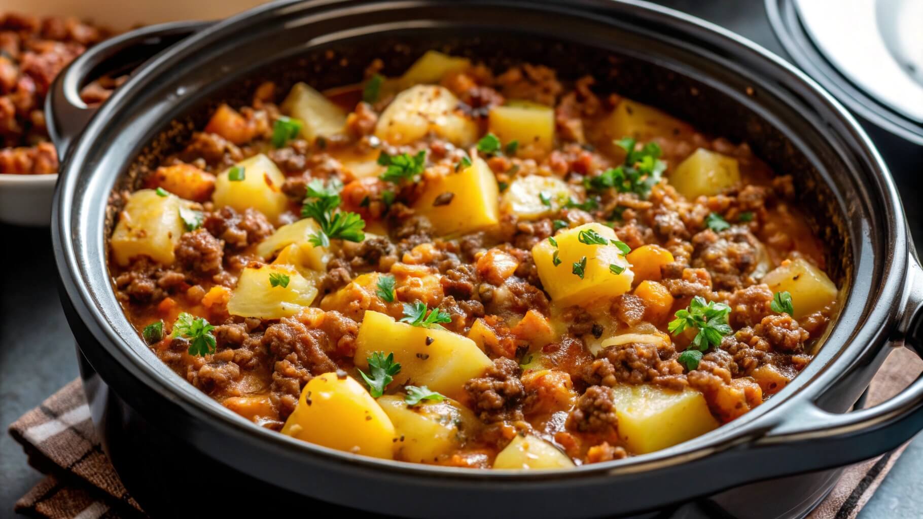 Slow cooker casserole with ground beef and vegetables.