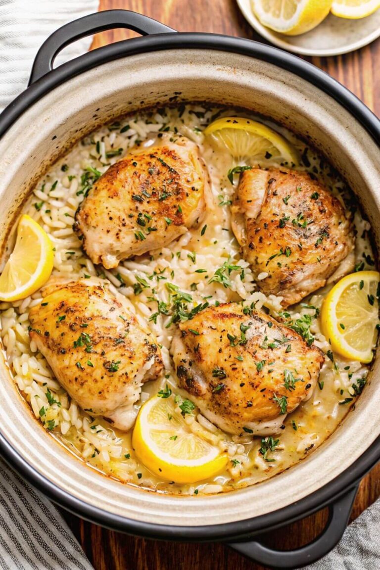 Lemon garlic chicken and rice in a slow cooker.