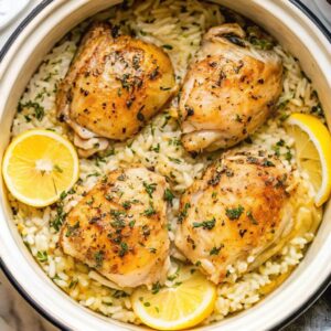 Lemon garlic chicken and rice in a slow cooker.