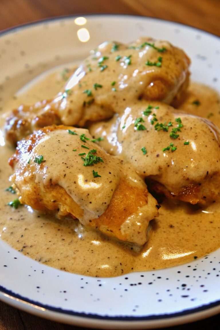 Southern smothered chicken in gravy with a sprinkle of herb garnish on a plate.