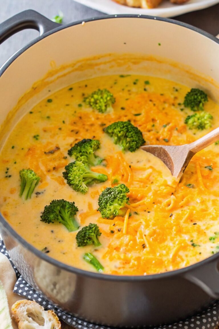 Broccoli and cheese soup in a large pan with a wooden spoon slightly submerged into the soup.