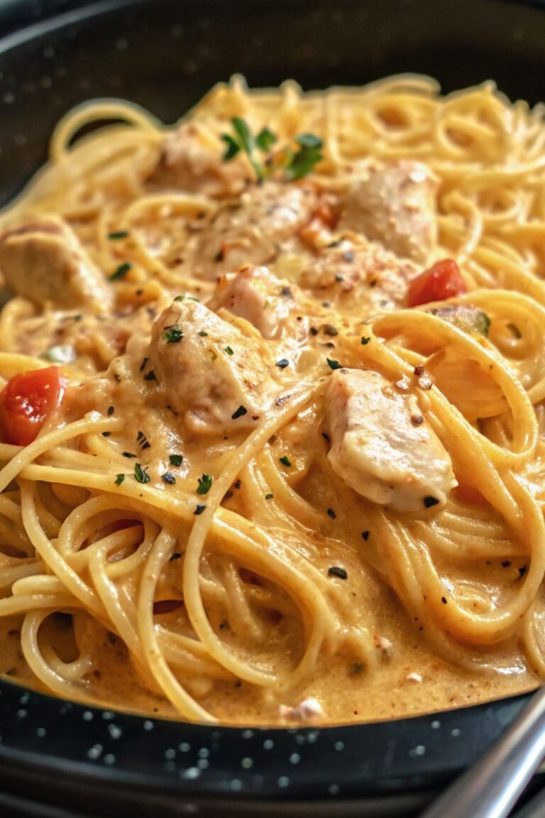 Easy & Creamy Crockpot Chicken Spaghetti