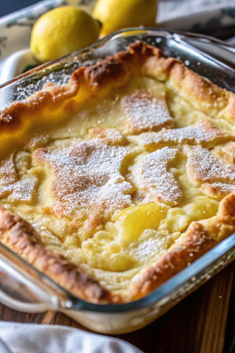 Lemon cream cheese dump cake in a glass dish.